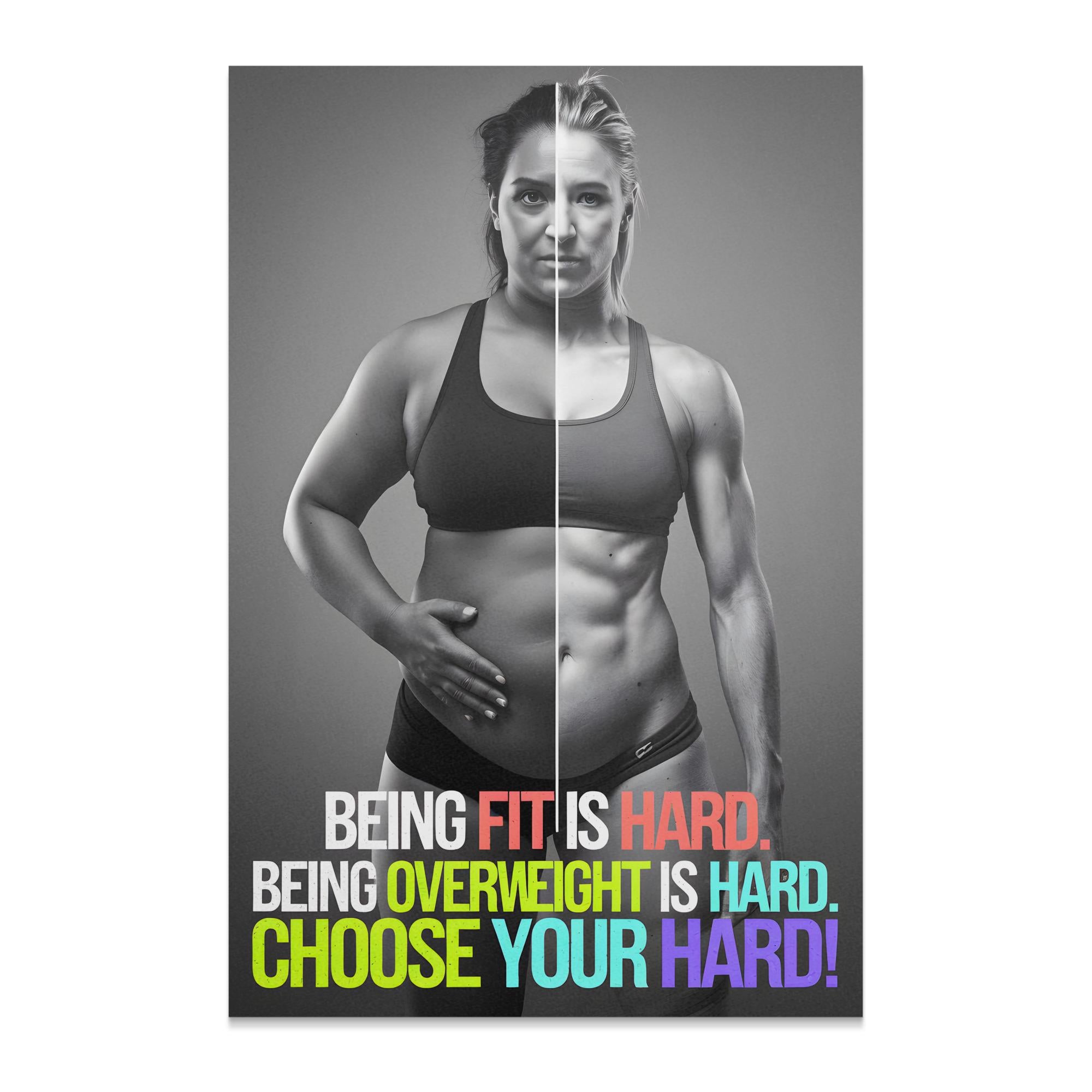 Split image showing a woman's before and after transformation with motivational text.