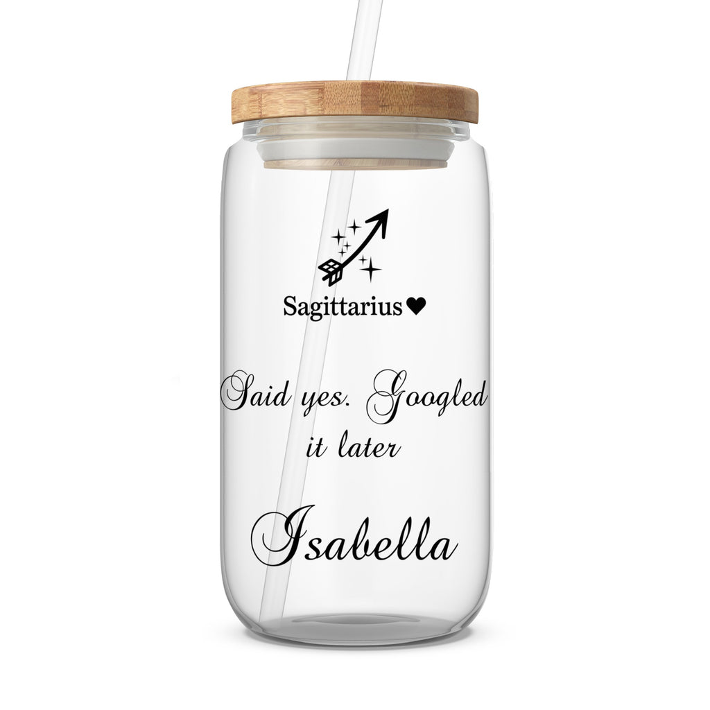 Clear glass tumbler with Sagittarius zodiac symbol and personalized text.