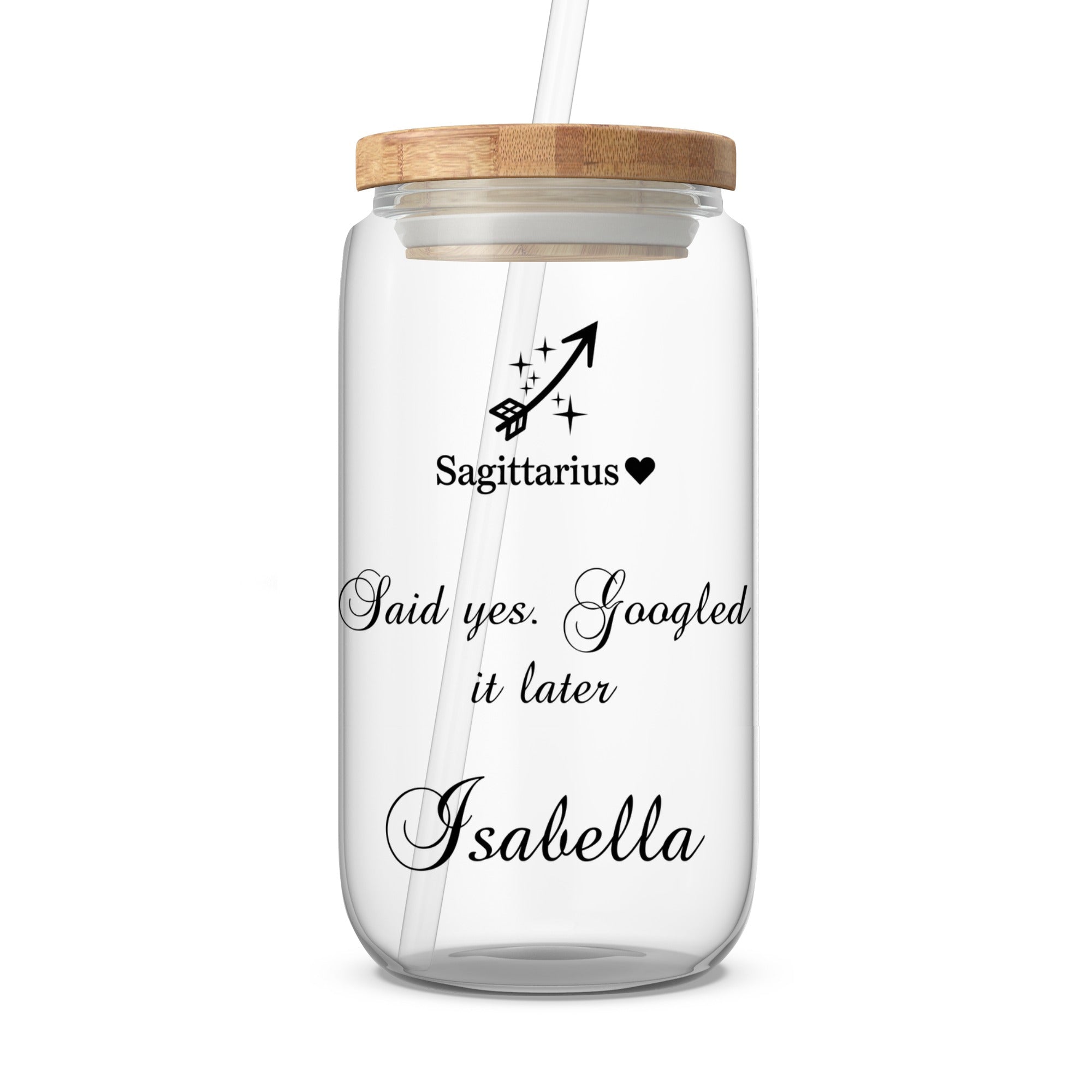 Clear glass tumbler with Sagittarius zodiac symbol and personalized text.