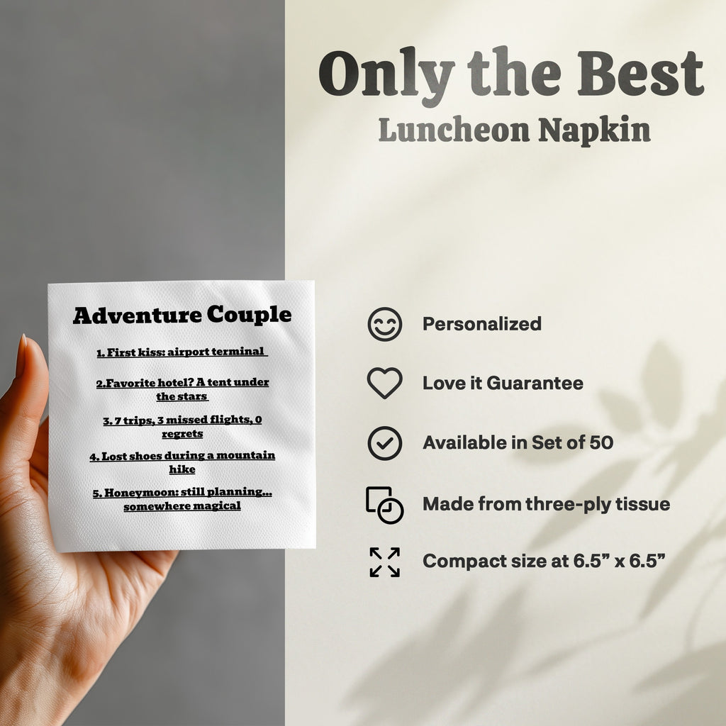 Luncheon napkin with "Adventure Couple" list of memories and product details.