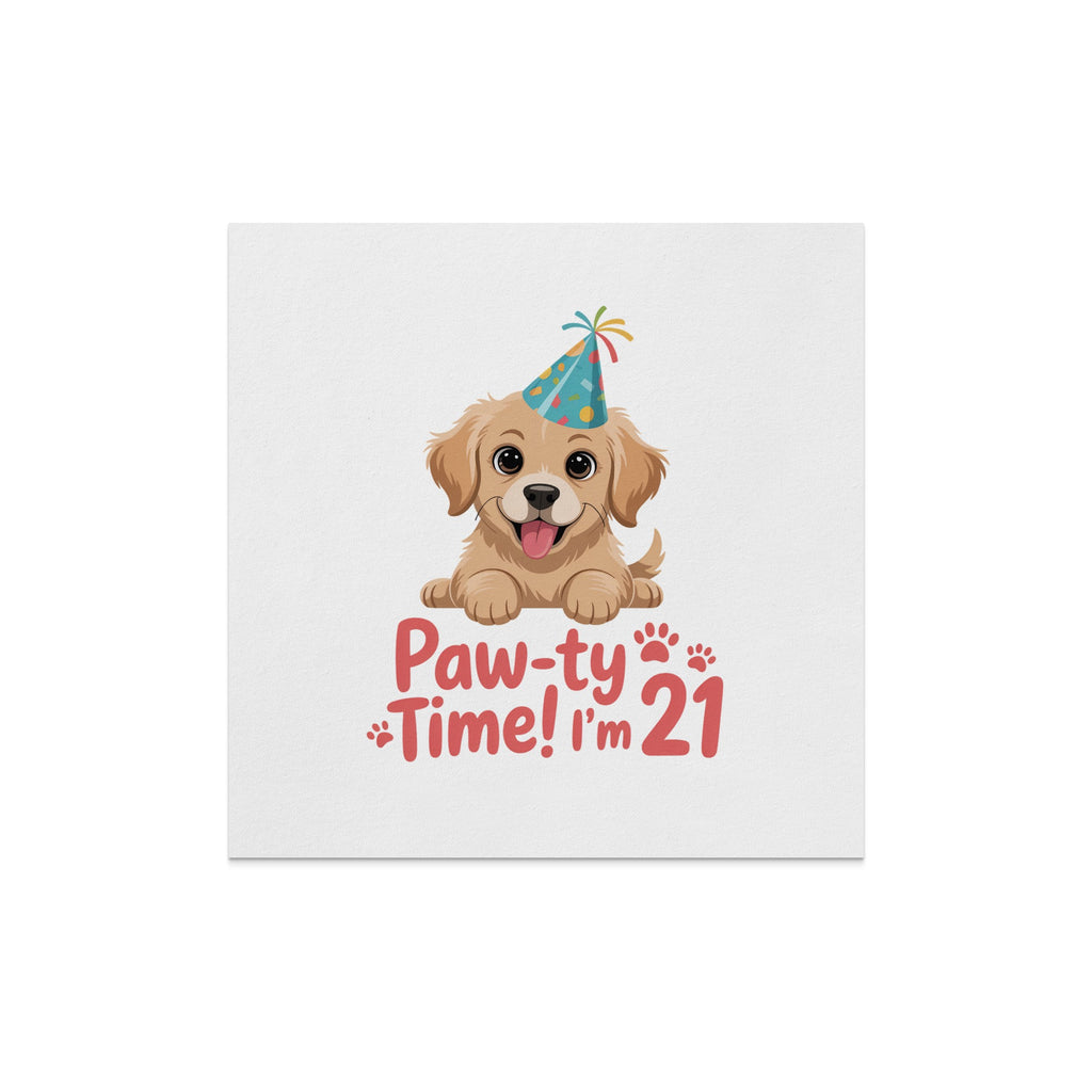 Golden retriever puppy wearing a party hat, text reads "Paw-ty Time! I'm 21".