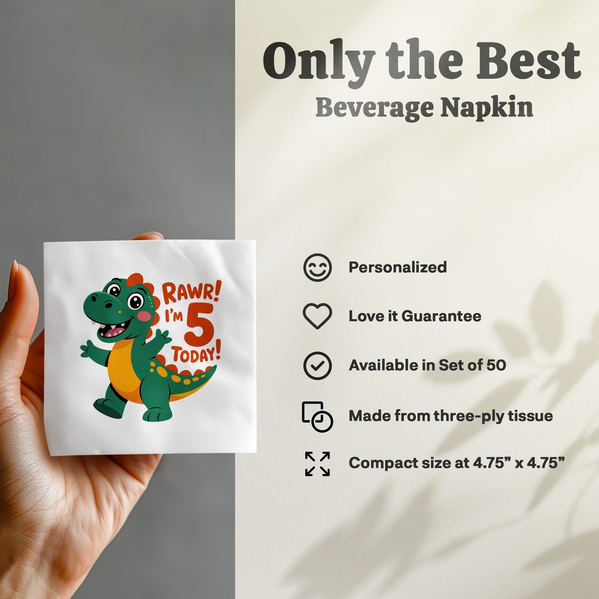 Dinosaur saying "RAWR! I'm 5 TODAY!" on a white beverage napkin.
