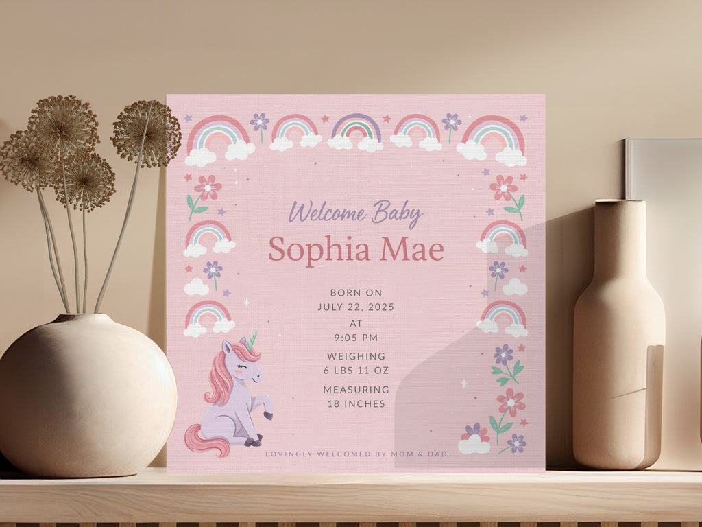 Baby Sophia Mae birth announcement with unicorn, rainbows, flowers, and stats.