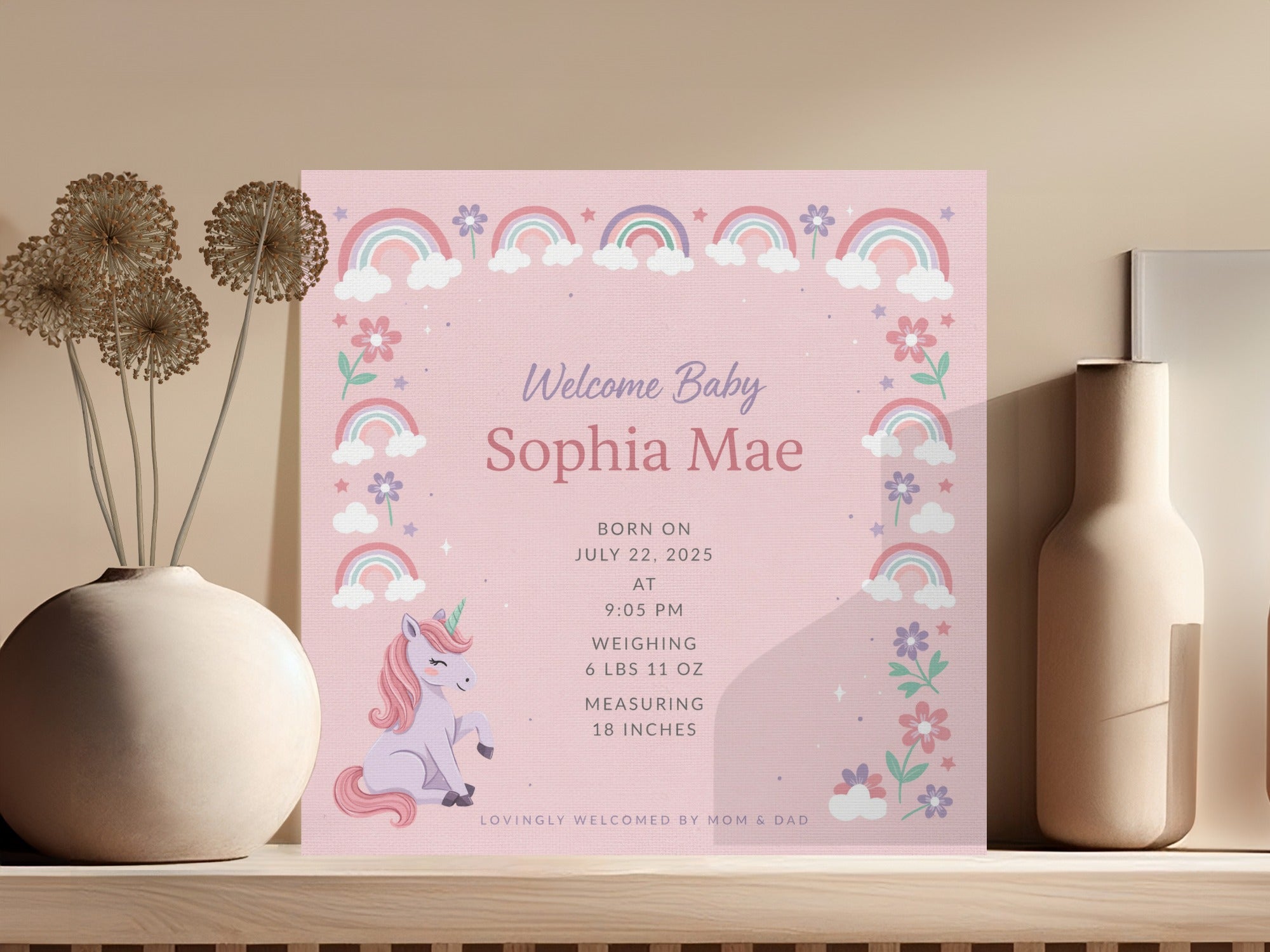 Baby Sophia Mae birth announcement with unicorn, rainbows, flowers, and stats.