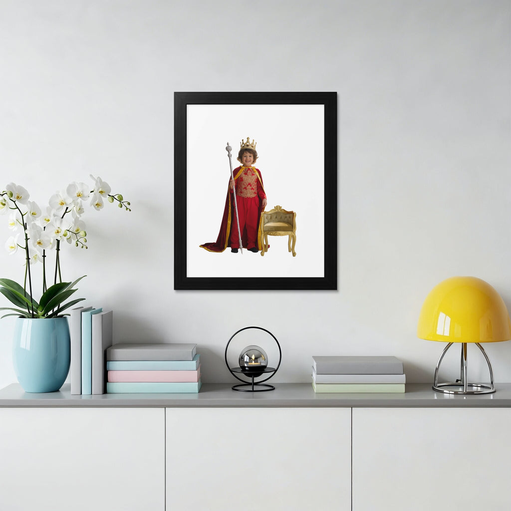 Child in regal attire with scepter and golden throne illustration.