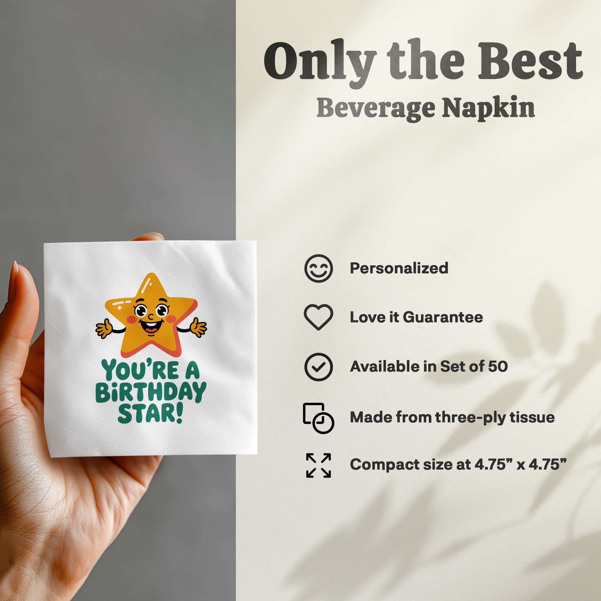 Beverage napkin with a smiling star graphic saying "You're a Birthday Star!"