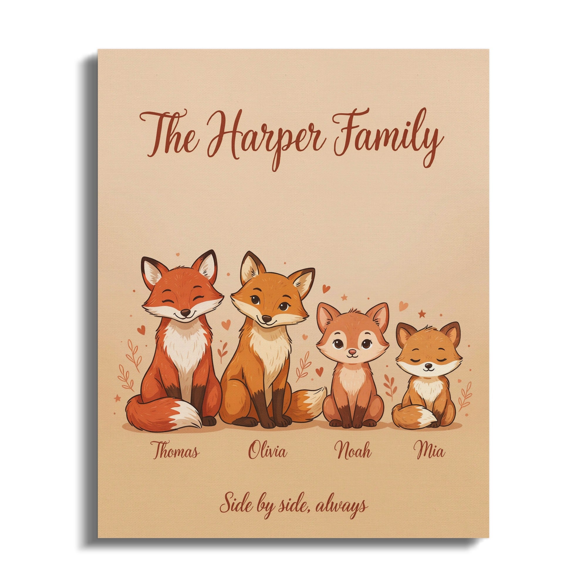 The Harper Family canvas art features four cartoon foxes with names Thomas, Olivia, Noah, and Mia.