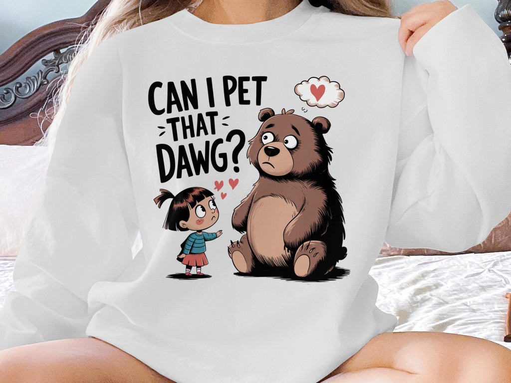 Bear looks concerned as a girl asks "Can I pet that dawg?".