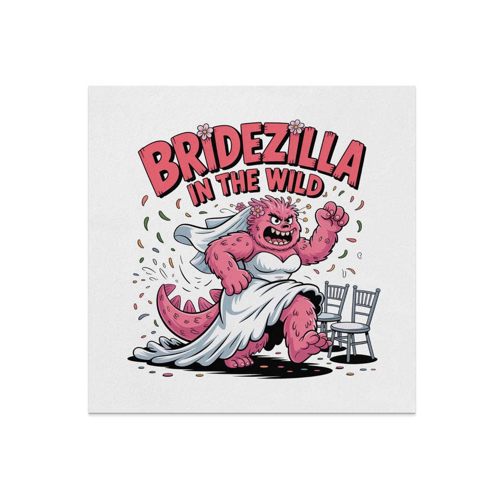 Bridezilla monster in a wedding dress with confetti and chairs.