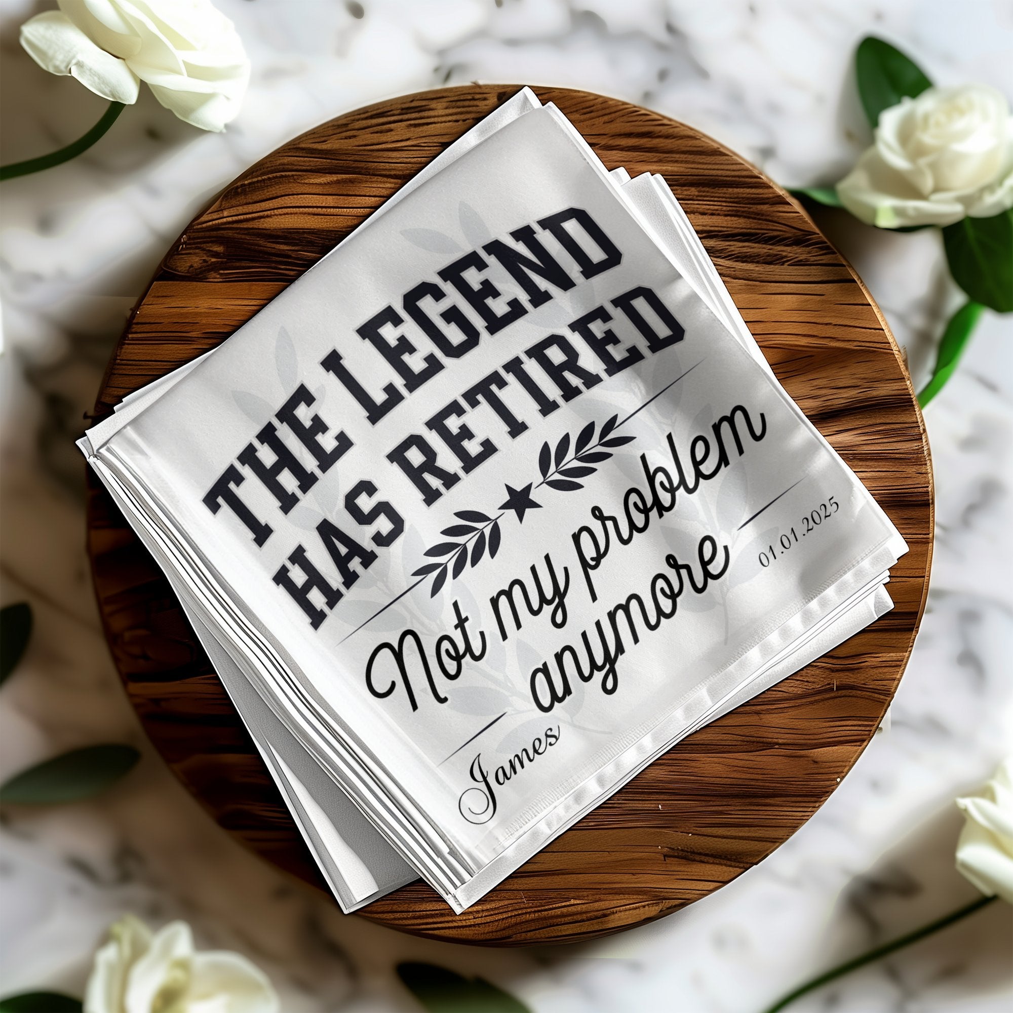 White bandana with "THE LEGEND HAS RETIRED" and "Not my problem anymore" text.