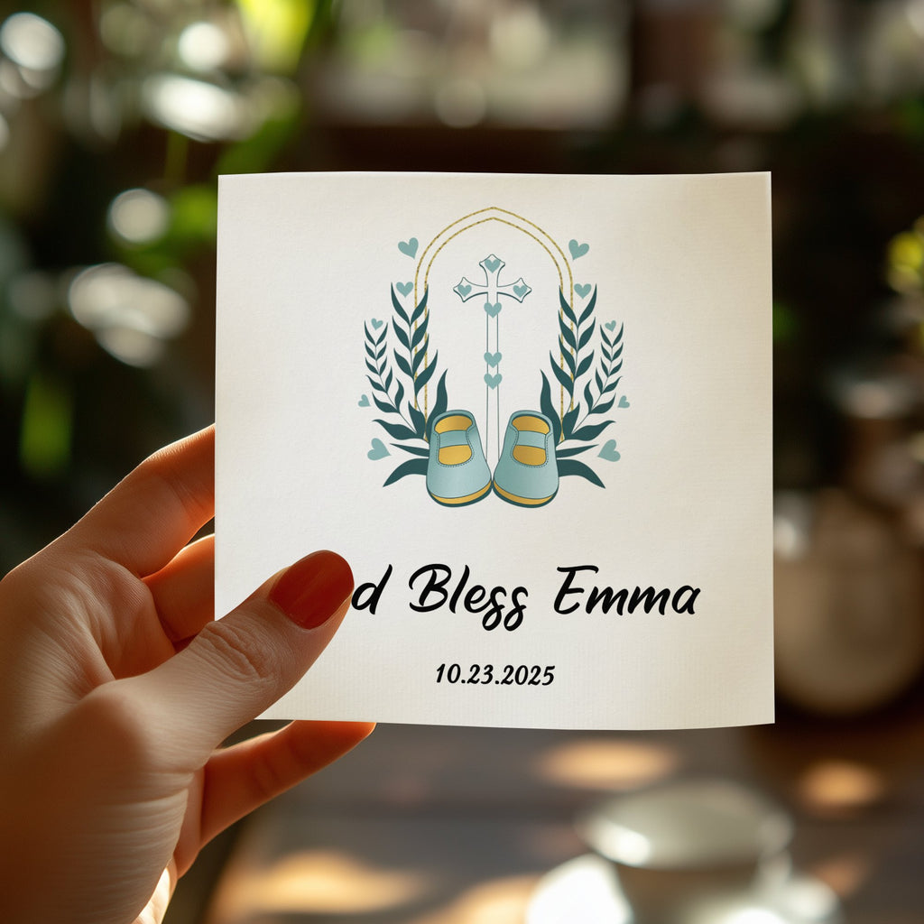 God Bless Emma card with cross, booties, and date 10.23.2025.
